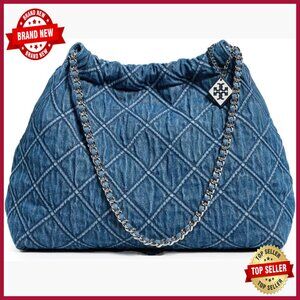 Soft Denim Drawstring Shoulder Bag with Adjustable Strap